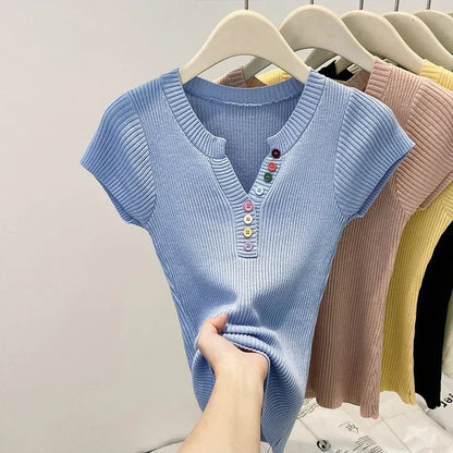 V-Neck Short Sleeve Pastel Colored Button T-Shirts