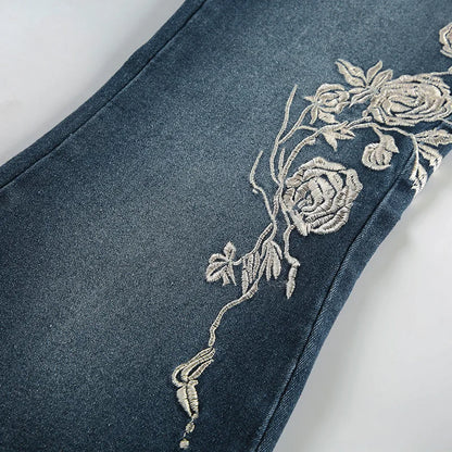 Embroidery Low Waist Flare Leg Washed Distressed Jeans