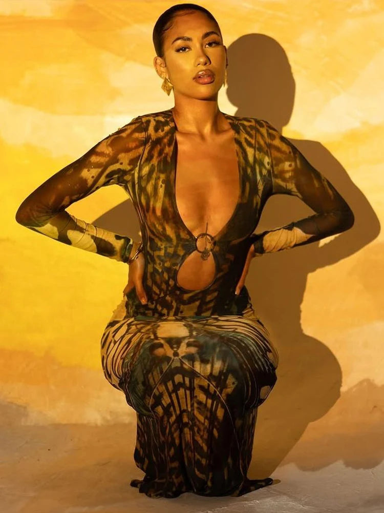 Butterfly Print Metal Ring Hollow Low-Neck Dress