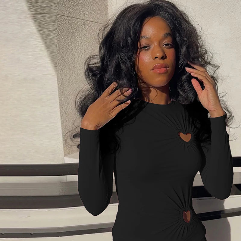 Carina Solid Color Love Hollow Out Long-Sleeve Top