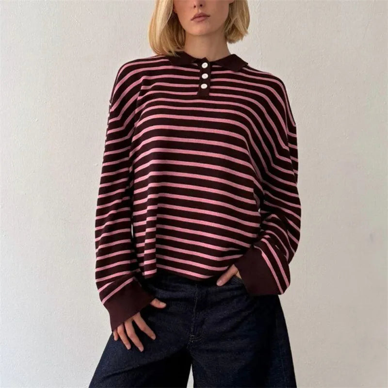 Oversized Striped Collared Long Sleeve Sweater