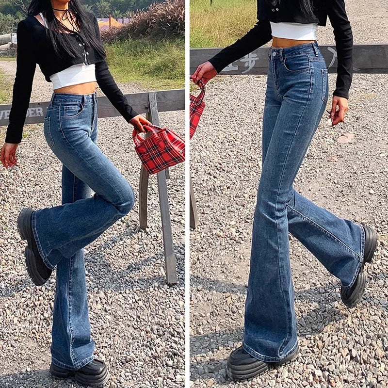Elastic High Waist Bell Bottom Jeans