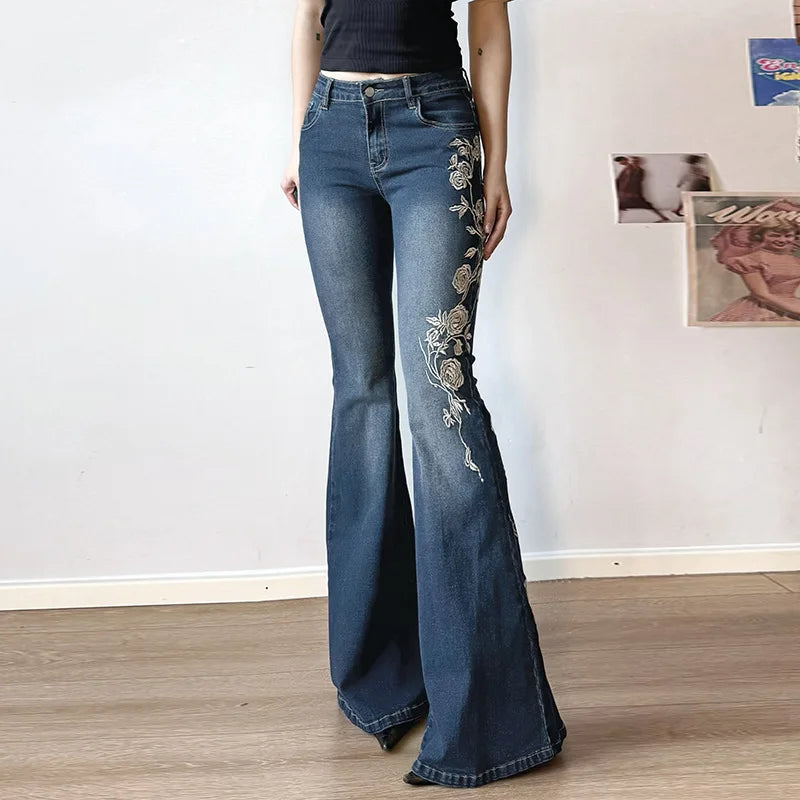 Embroidery Low Waist Flare Leg Washed Distressed Jeans