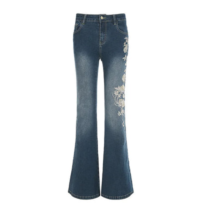 Embroidery Low Waist Flare Leg Washed Distressed Jeans
