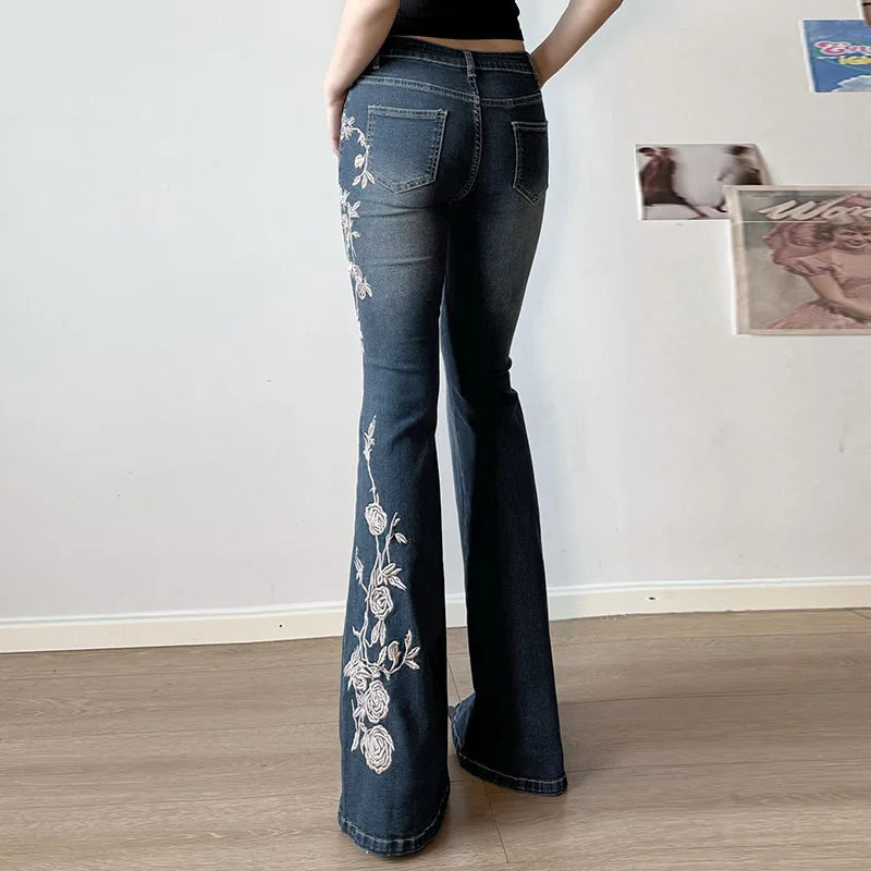 Embroidery Low Waist Flare Leg Washed Distressed Jeans
