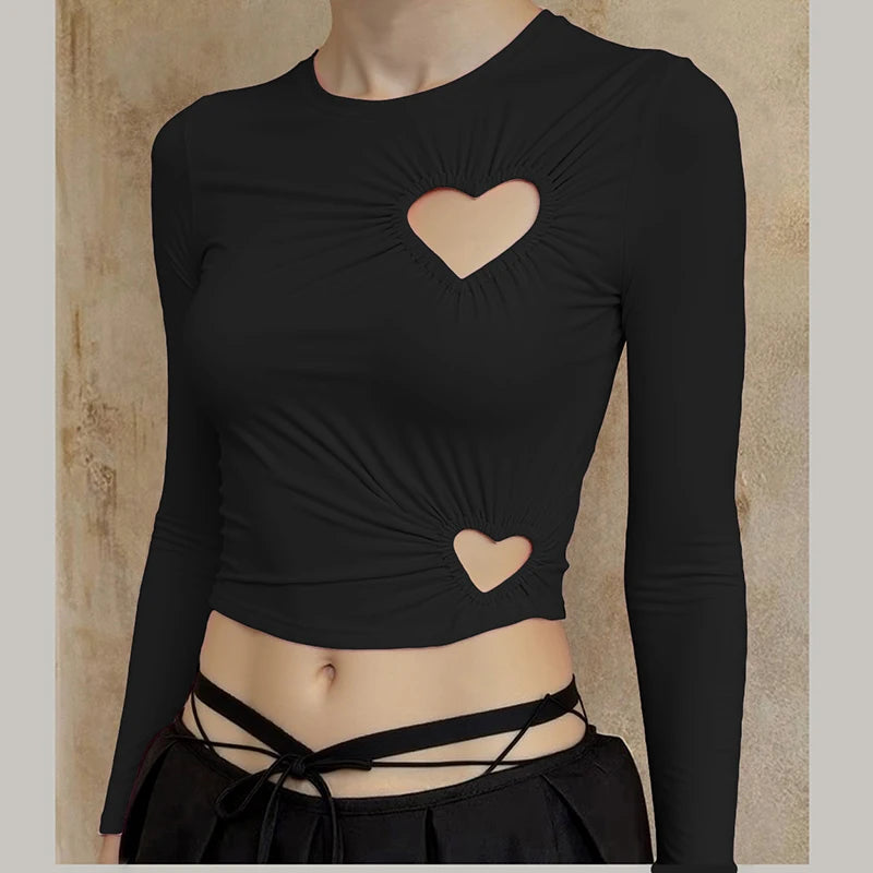 Carina Solid Color Love Hollow Out Long-Sleeve Top