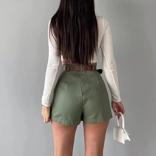 Retro Solid Color High Waist Pleated Mini Skirt W/ Belt