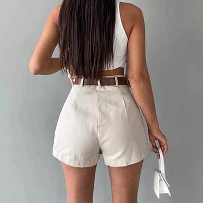 Retro Solid Color High Waist Pleated Mini Skirt W/ Belt