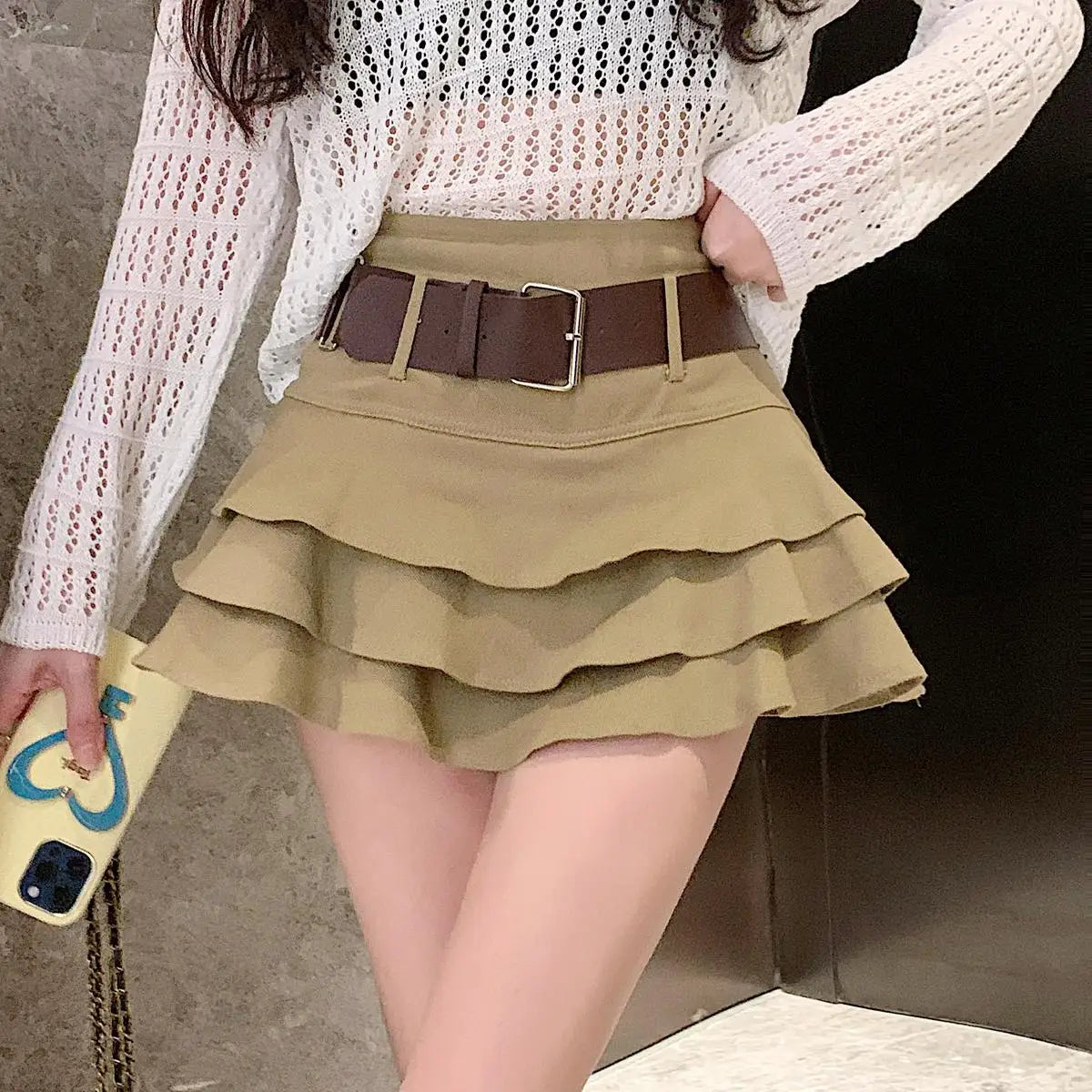 Tiered Ruffle Mini Skirt with Belt