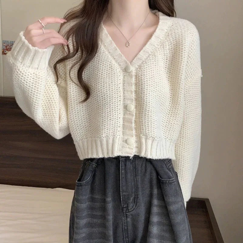 Solid Cropped Knitted Comfortable Soft Single-Breasted Cardigan