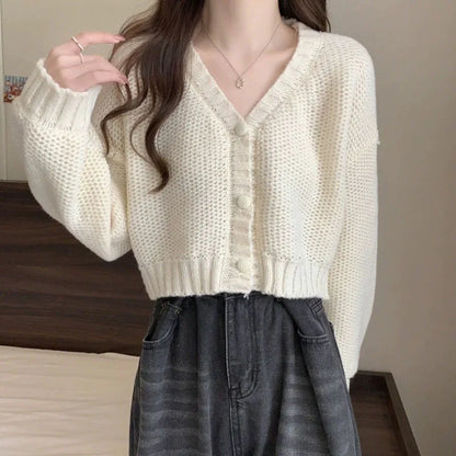 Solid Cropped Knitted Comfortable Soft Single-Breasted Cardigan