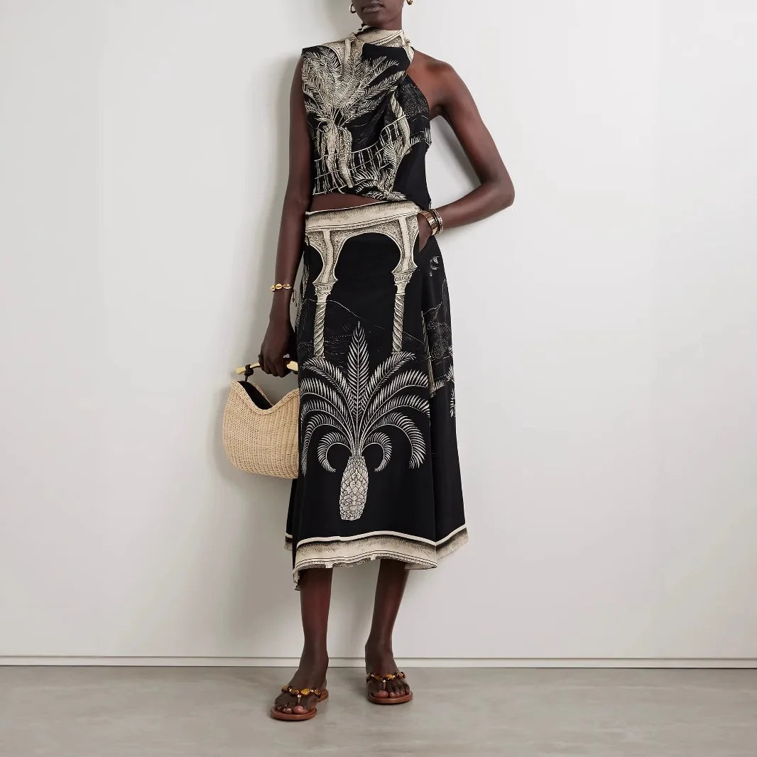 Vintage Print Satin Skirt Two Piece Set