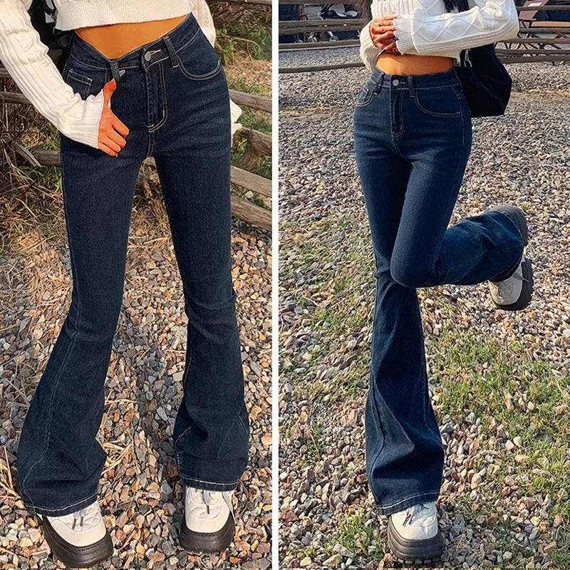 Elastic High Waist Bell Bottom Jeans