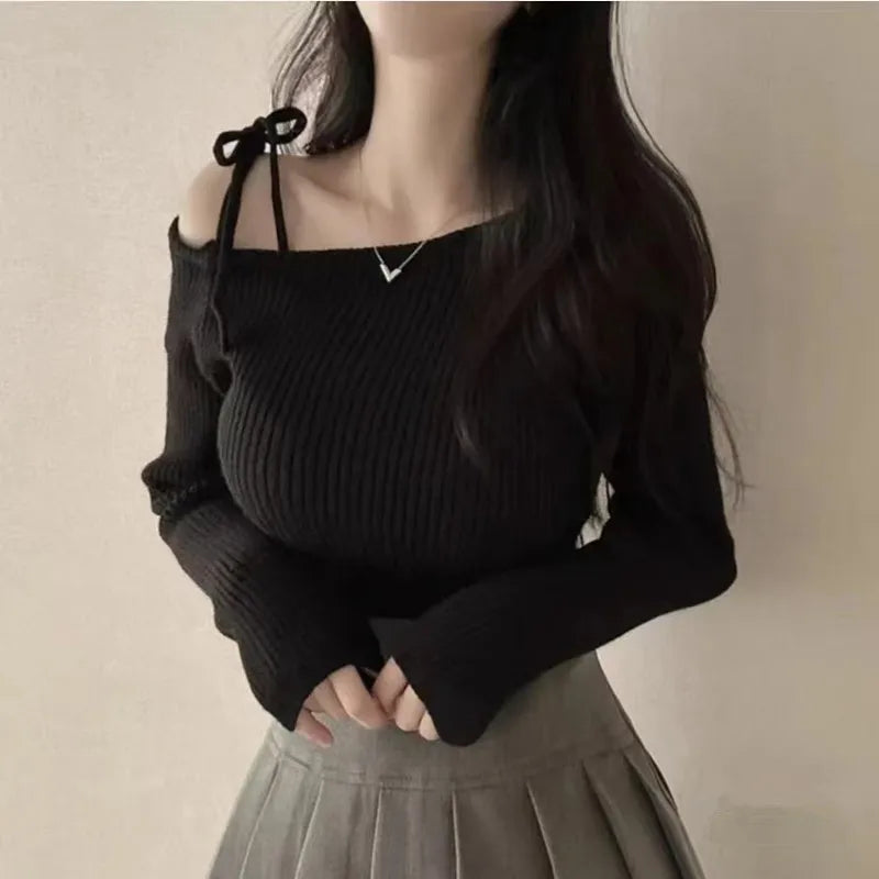 Off-Shoulder Sweater with Adjustable Lace-Up Strap