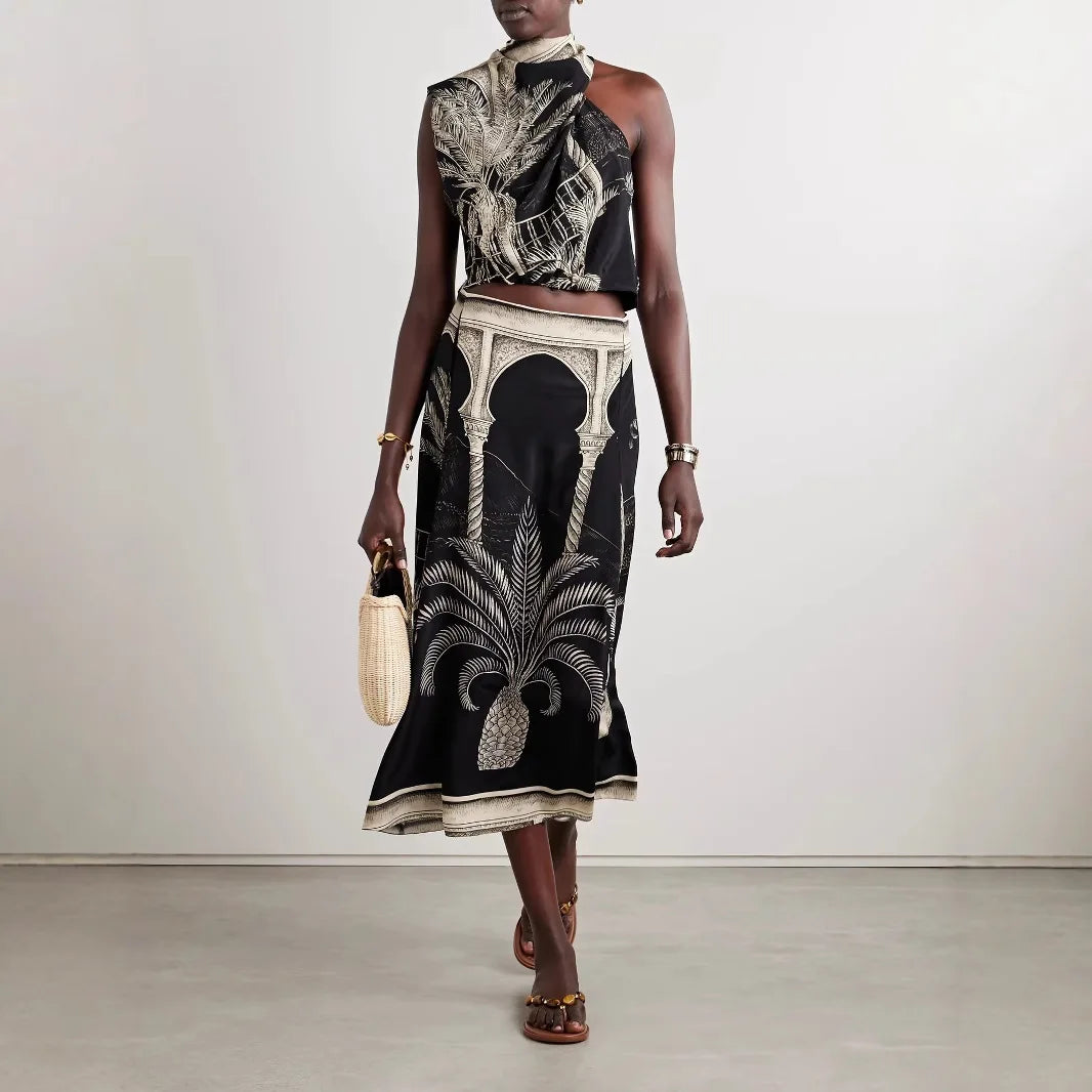 Vintage Print Satin Skirt Two Piece Set