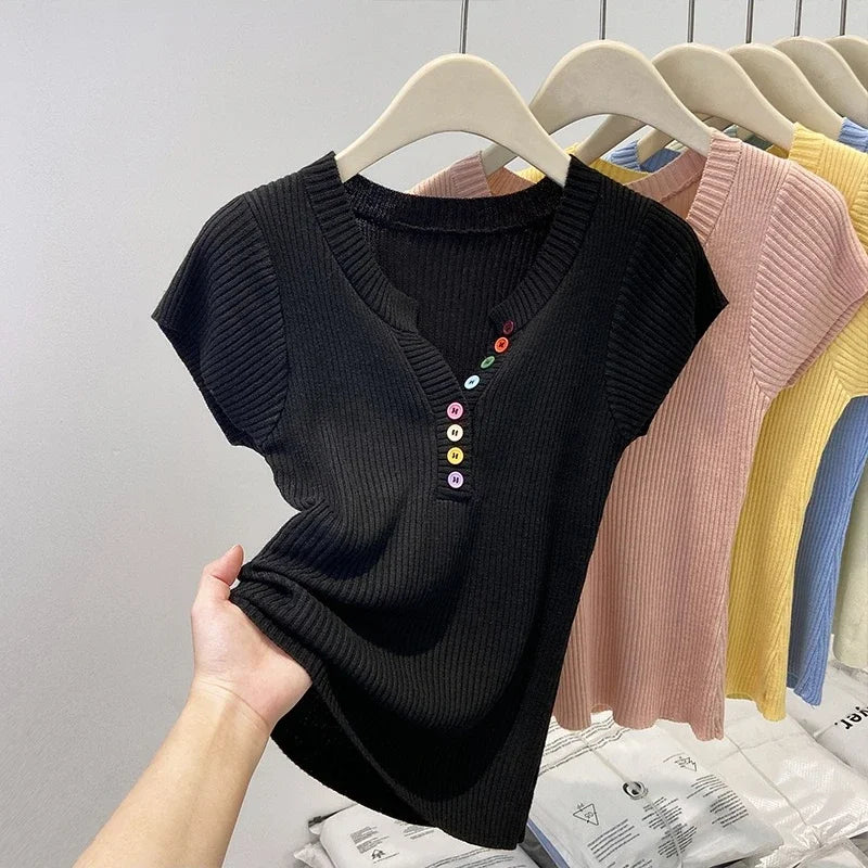 V-Neck Short Sleeve Pastel Colored Button T-Shirts
