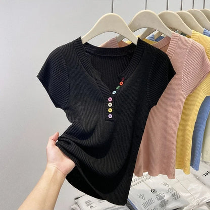 V-Neck Short Sleeve Pastel Colored Button T-Shirts