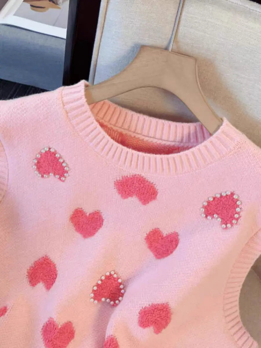 Pink Heart Knitted Oversized Sweater Vest
