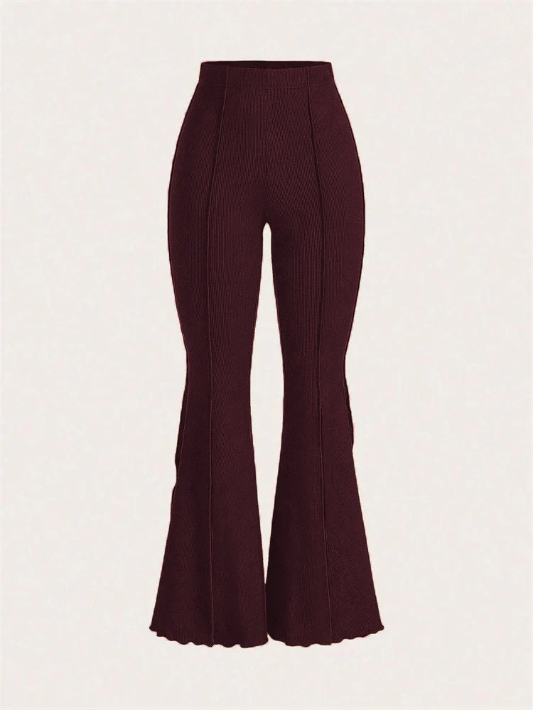 Lettuce Trim Casual Rib-knit Elastic Flared Pants