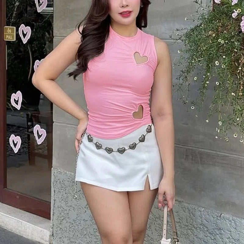 Hollow Out Love Heart Round Neck Sleeveless Top