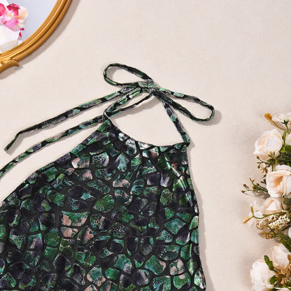 Green Contrasting Color Halter Neck Backless Jumpsuit