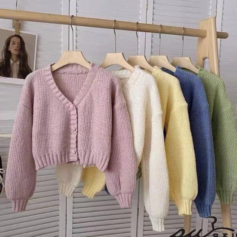 Solid Cropped Knitted Comfortable Soft Single-Breasted Cardigan