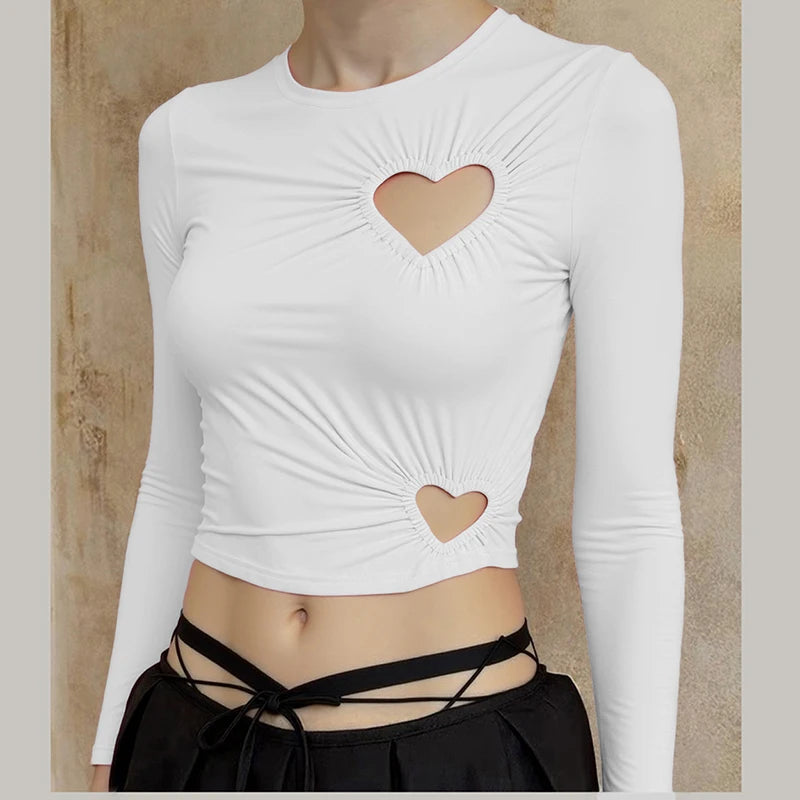 Carina Solid Color Love Hollow Out Long-Sleeve Top