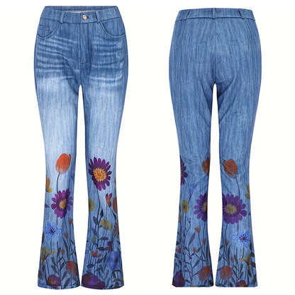 Floral Print High Waist Flared Jeans
