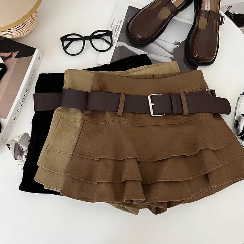 Tiered Ruffle Mini Skirt with Belt