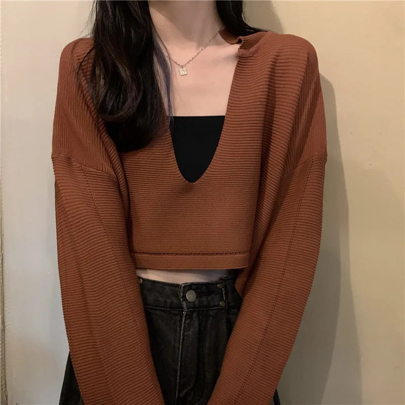 Elegant Casual V Neck Knit Long Sleeve Cropped Sweater