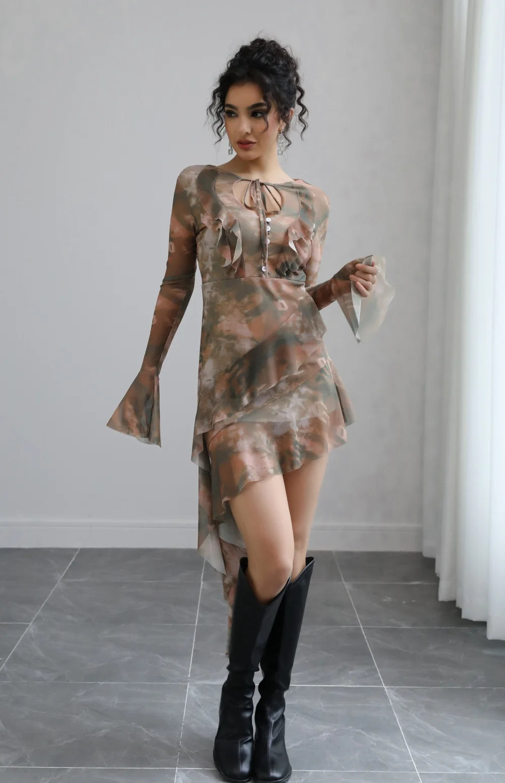 Serena Bell Sleeve Tie Dye Print Mesh Dress