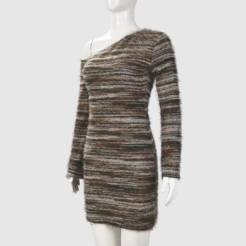 Striped Fall Fashion Knitted Sweater One Shoulder Long Sleeve Dress
