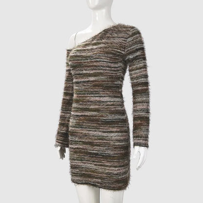 Striped Fall Fashion Knitted Sweater One Shoulder Long Sleeve Dress