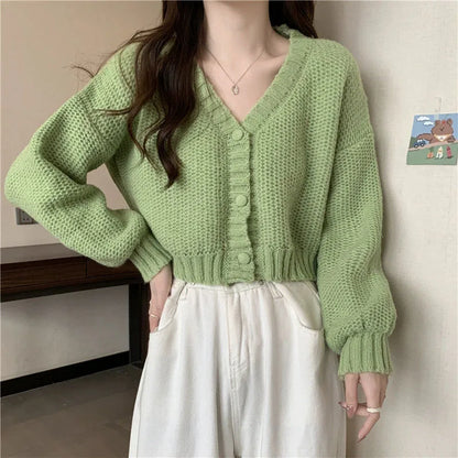 Solid Cropped Knitted Comfortable Soft Single-Breasted Cardigan