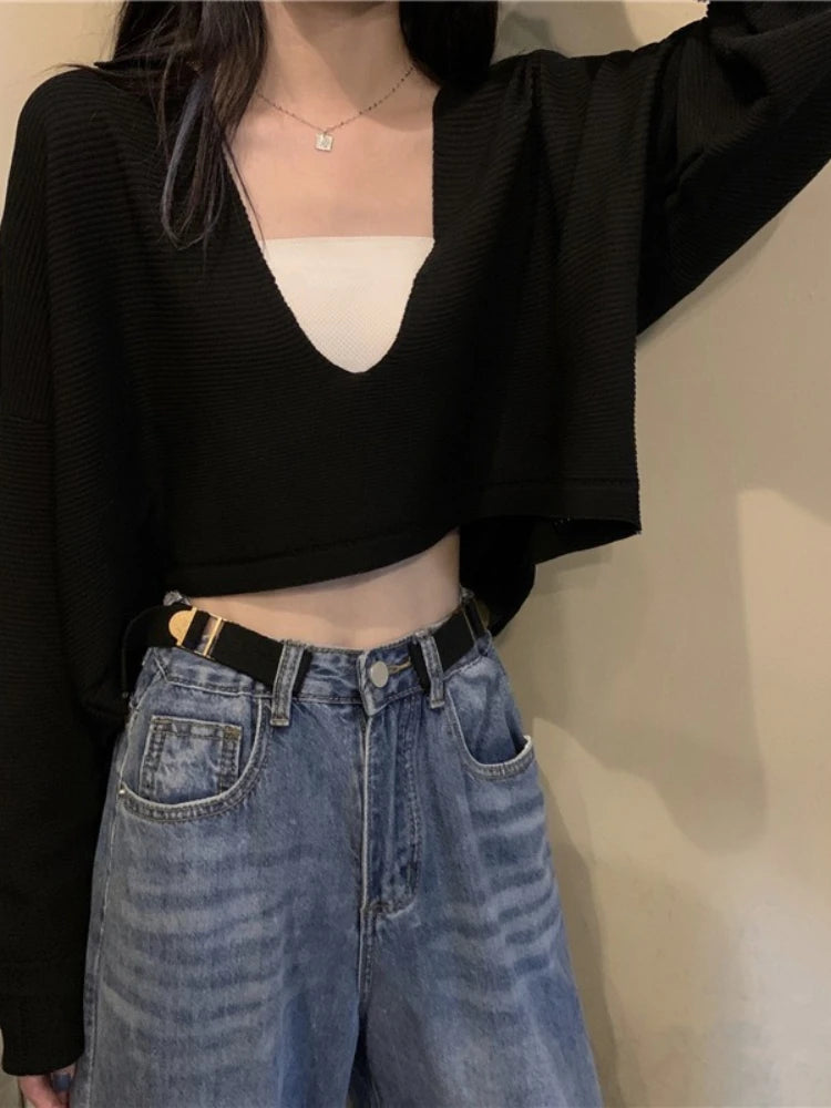 Elegant Casual V Neck Knit Long Sleeve Cropped Sweater