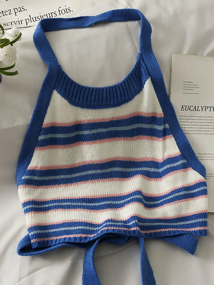 Stripes Bandage Round Neck CropTop