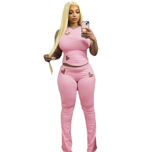 Fashionable Solid Color Hollow Heart Two Piece Set