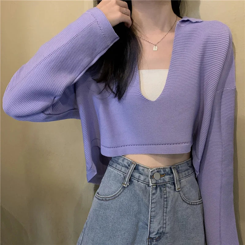 Elegant Casual V Neck Knit Long Sleeve Cropped Sweater