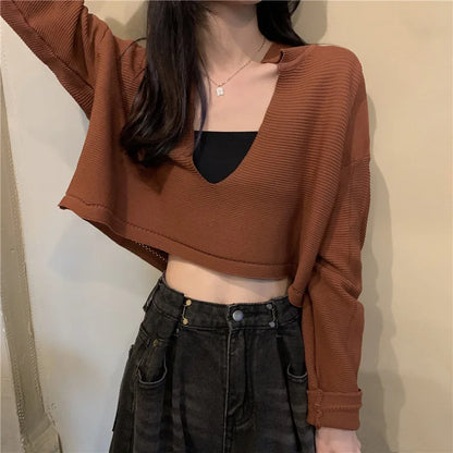 Elegant Casual V Neck Knit Long Sleeve Cropped Sweater