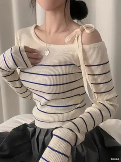 Off-Shoulder Sweater with Adjustable Lace-Up Strap