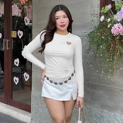 Carina Solid Color Love Hollow Out Long-Sleeve Top