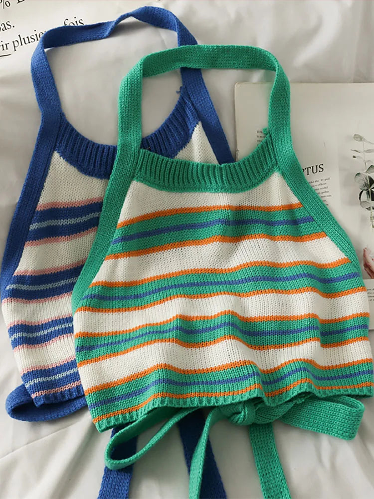 Stripes Bandage Round Neck CropTop