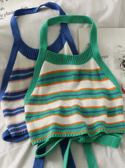 Stripes Bandage Round Neck CropTop