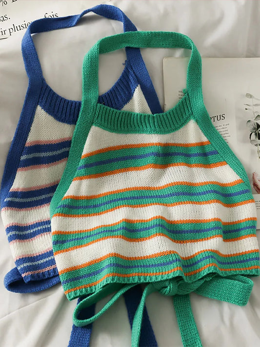 Stripes Bandage Round Neck CropTop