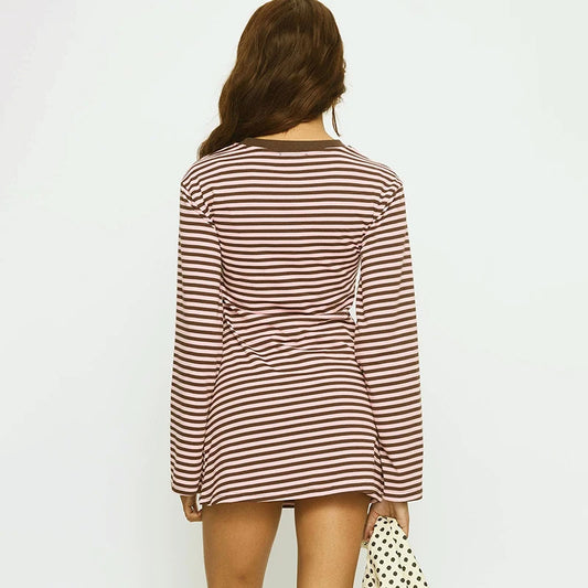 Riley Color-Block Striped Long-Sleeve Crew Neck Short Dress