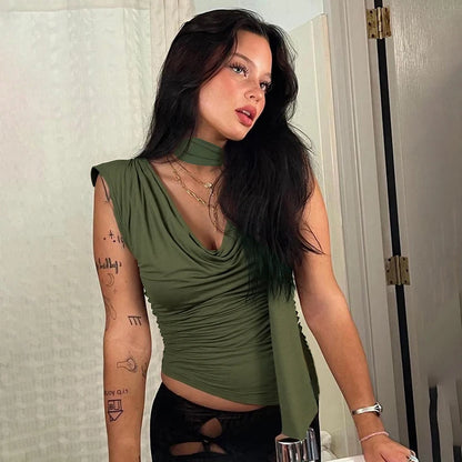 Solid Color Swing Collar Shrink Pleated Irregular Tank Top