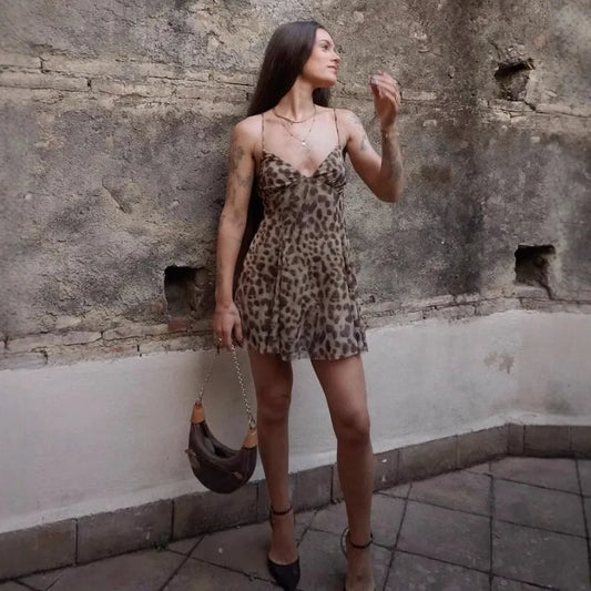 Leopard Print Mesh Spaghetti Strap Deep V Neck Mini Dress
