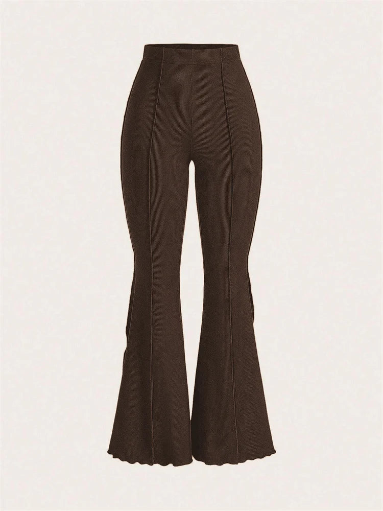 Lettuce Trim Casual Rib-knit Elastic Flared Pants