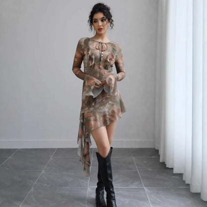 Serena Bell Sleeve Tie Dye Print Mesh Dress