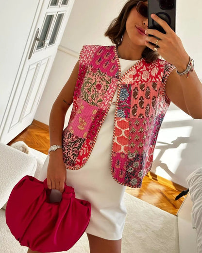 Quilted Lace Up Print Vest